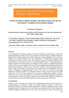 Study of Indian Hindu Temple Architecture and Art of Two Shaiva Temples of Eastern Odisha Pjaee, 17(1) (2020)