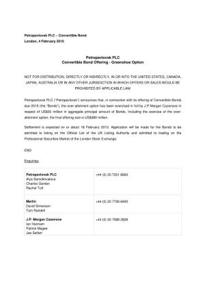 Petropavlovsk PLC Convertible Bond Offering - Greenshoe Option