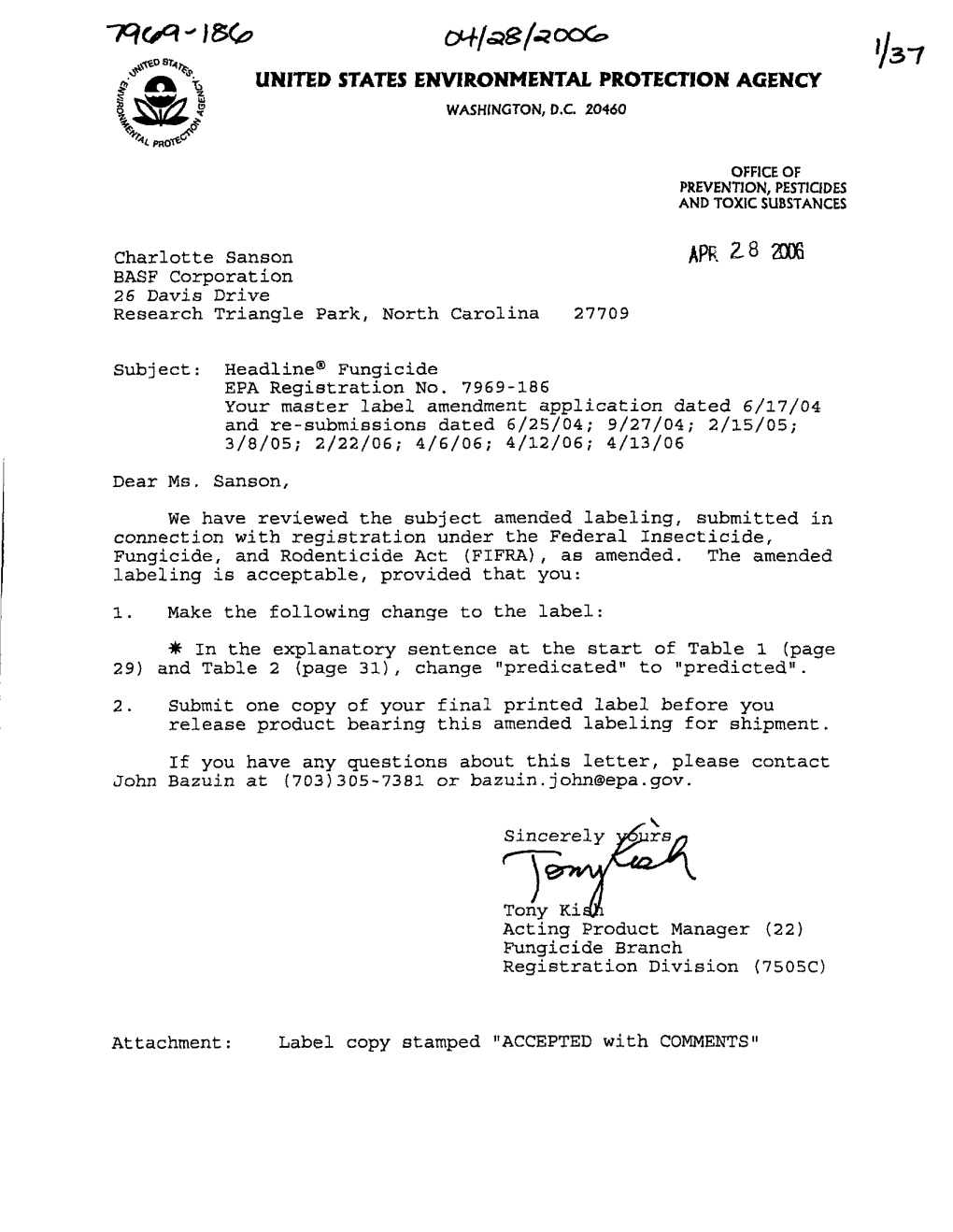 U.S. EPA, Pesticide Product Label, HEADLINE FUNGICIDE, 04/28/2006