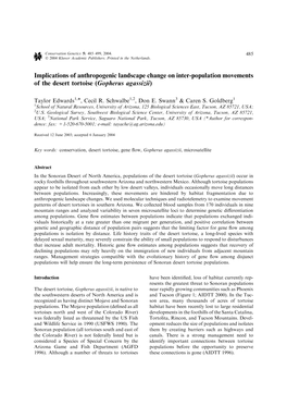Implications of Anthropogenic Landscape Change on Inter-Population Movements of the Desert Tortoise (Gopherus Agassizii)