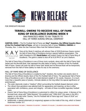 Terrell Owens to Receive Hall of Fame Ring of Excellence During Week 9 San Francisco 49Ers to Pay Tribute to Hall of Famer During Special Ceremony
