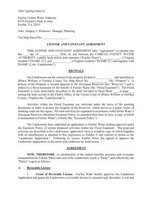 Occoquan Reservoir License and Covenant Agreement-Private Owner