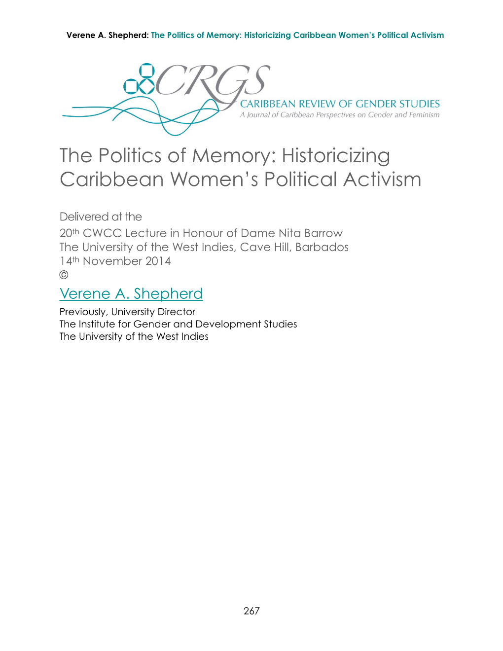 The Politics of Memory: Historicizing Caribbean Women's Political Activism