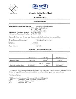 Material Safety Data Sheet for Calcium Oxide ------Section I - Identity