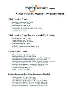 Closed Residency Programs - Printable Format