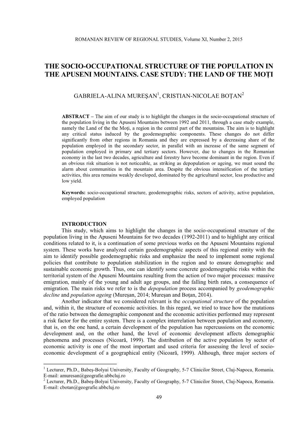 The Socio-Occupational Structure of the Population in the Apuseni Mountains