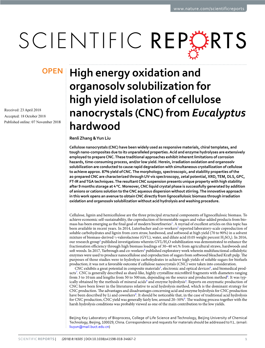 CNC) from Eucalyptus Published: Xx Xx Xxxx Hardwood Renli Zhang & Yun Liu