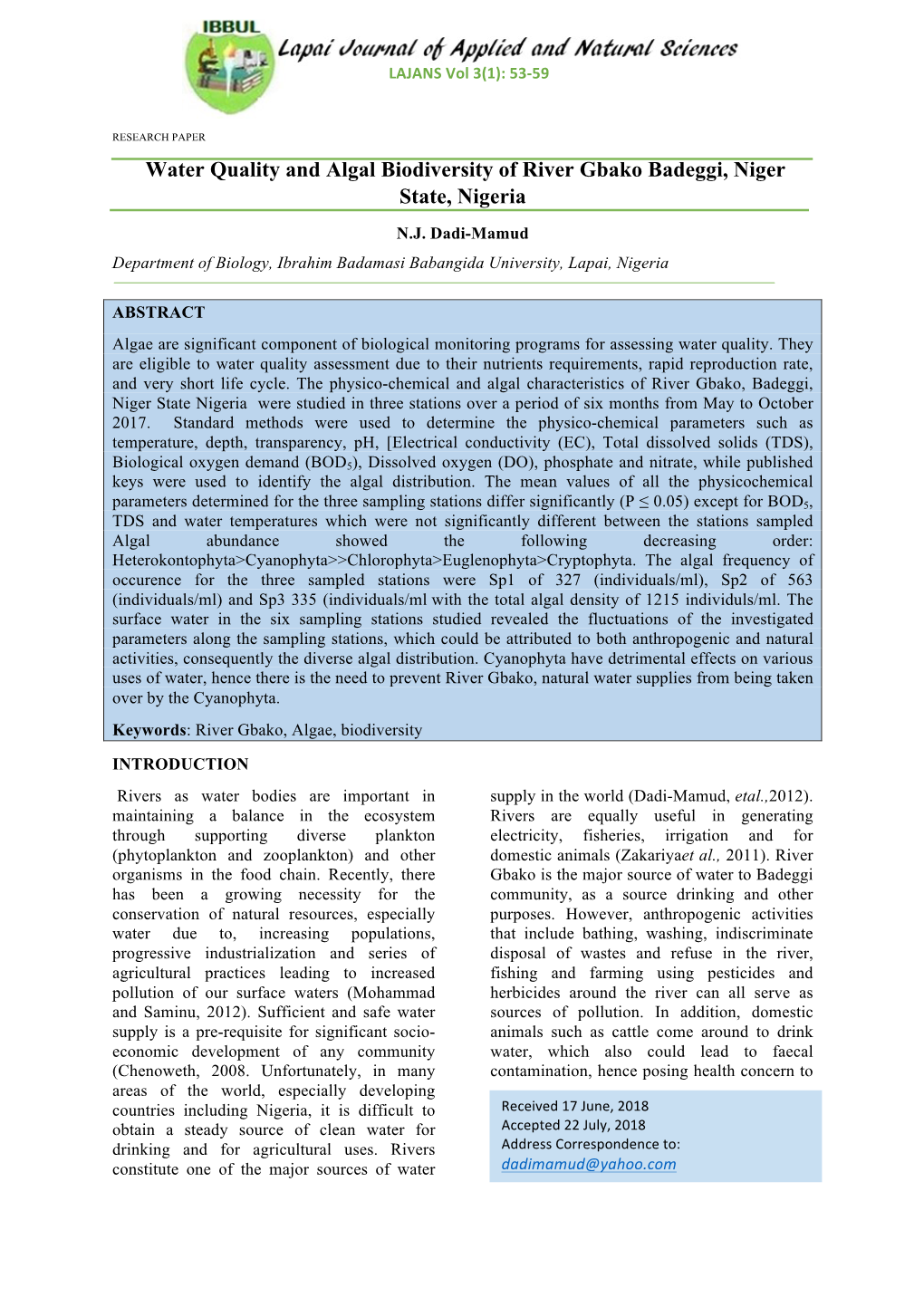 Water Quality and Algal Biodiversity of River Gbako Badeggi, Niger State, Nigeria