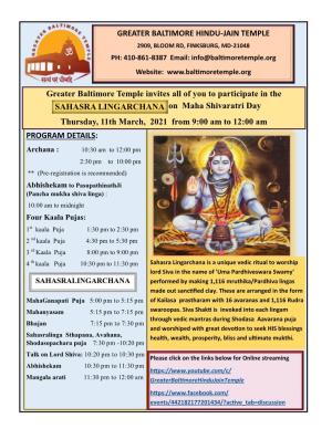 Greater Baltimore Hindu-Jain Temple Program Details
