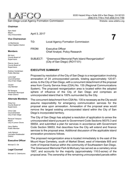 Greenwood Memorial Park Island Reorganization” (City of San Diego) (RO17-01) Dianne Jacob County Board of Supervisors