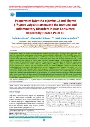 Peppermint (Mentha Piperita L.) and Thyme (Thymus Vulgaris) Attenuate the Immune and Inflammatory Disorders in Rats Consumed Repeatedly Heated Palm Oil