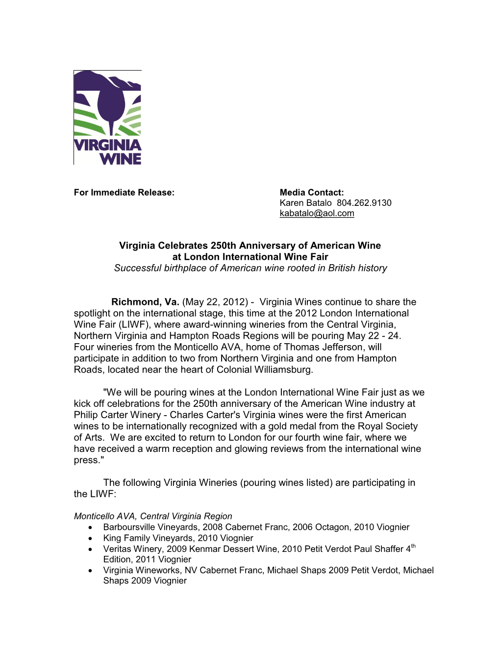 Virginia Celebrates 250Th Anniversary of American Wine at London International Wine Fair Successful Birthplace of American Wine Rooted in British History