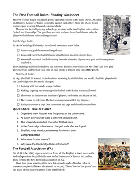 Reading Worksheet: the First Football Rules