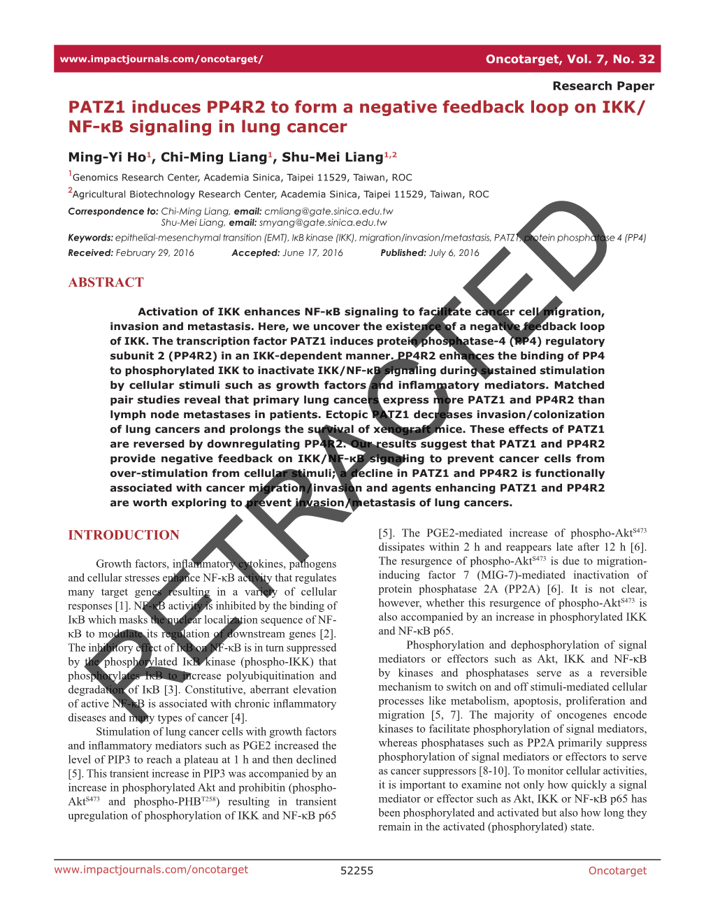 PATZ1 Induces PP4R2 to Form a Negative Feedback Loop on IKK/ NF-Κb Signaling in Lung Cancer