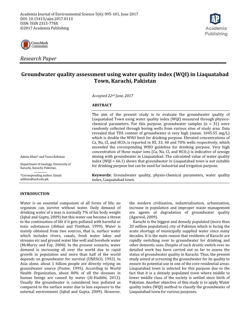 Research Paper Groundwater Quality Assessment Using Water Quality Index