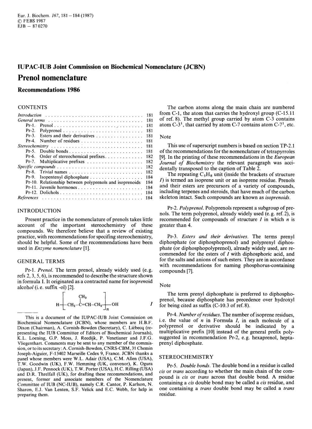 Prenol Nomenclature Recommendations 1986