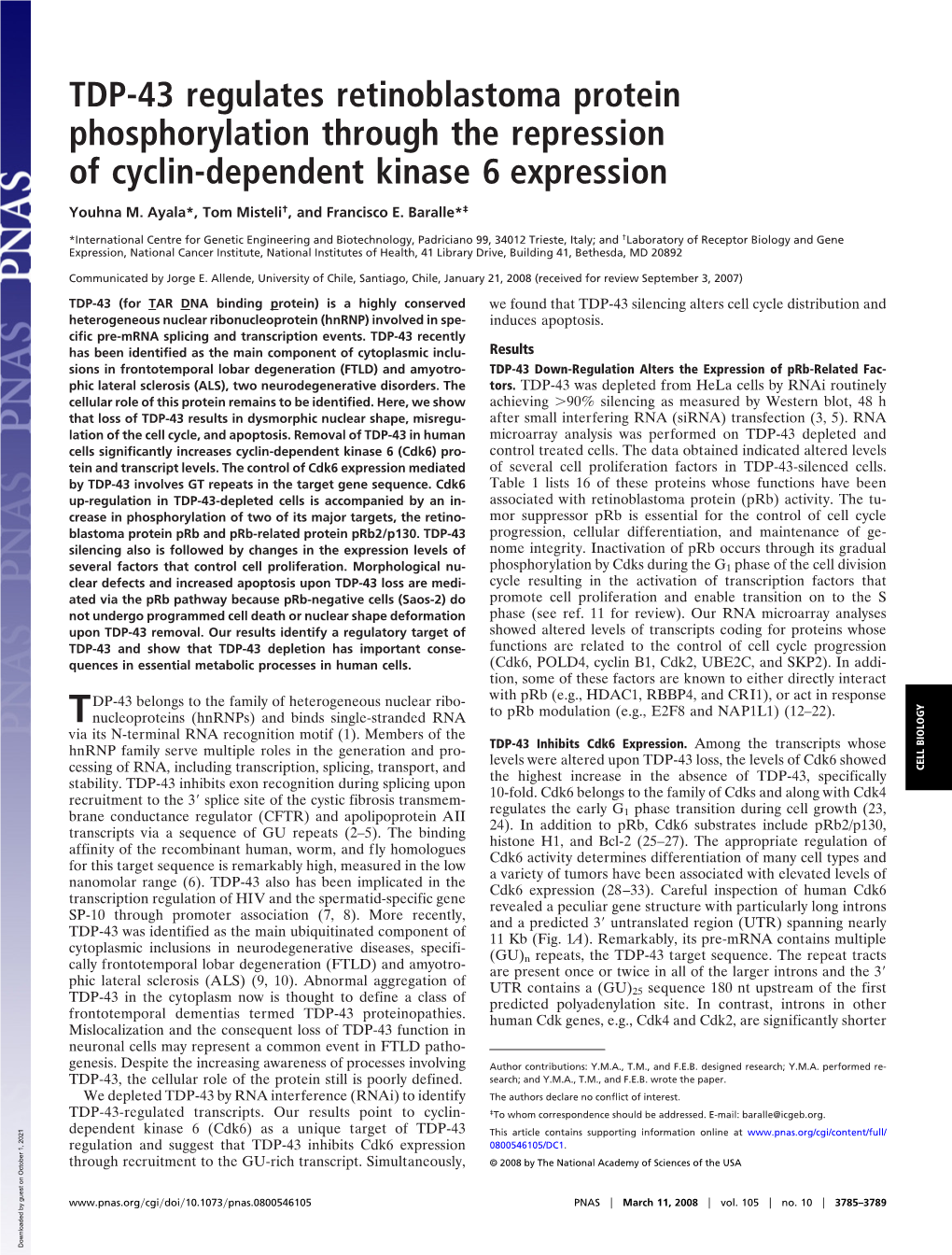 TDP-43 Regulates Retinoblastoma Protein Phosphorylation Through the Repression of Cyclin-Dependent Kinase 6 Expression