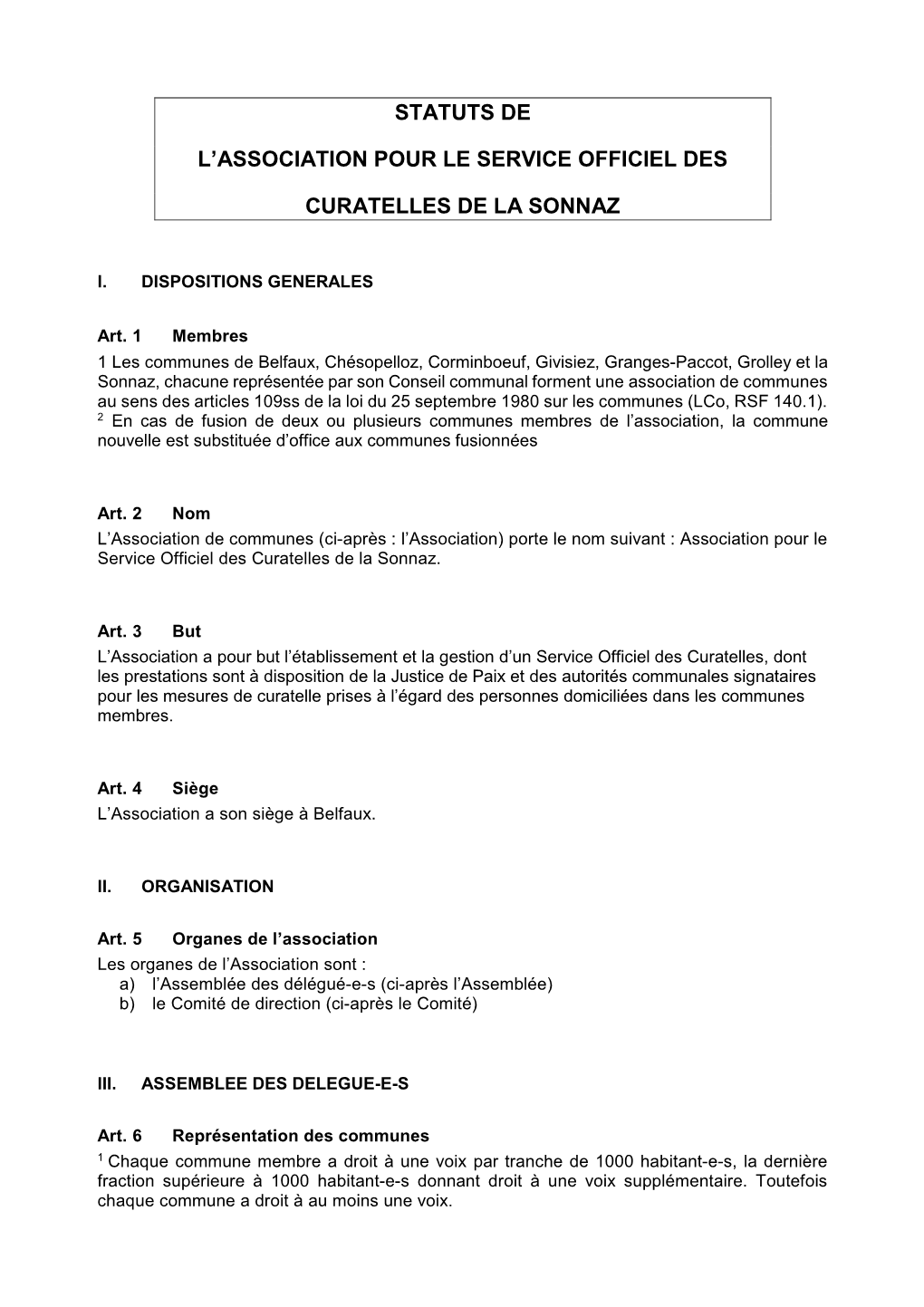 Statuts De L'association Pour Le Service Officiel Des Curatelles De La Sonnaz