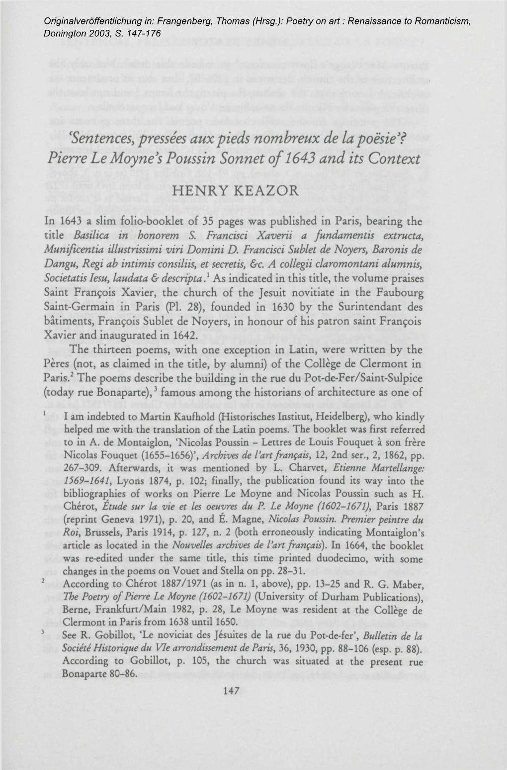 'Sentences, Pressees Aux Pieds Nombreux De La Poesie'f Pierre Le Moyne's Poussin Sonnet Of1643 and Its Context