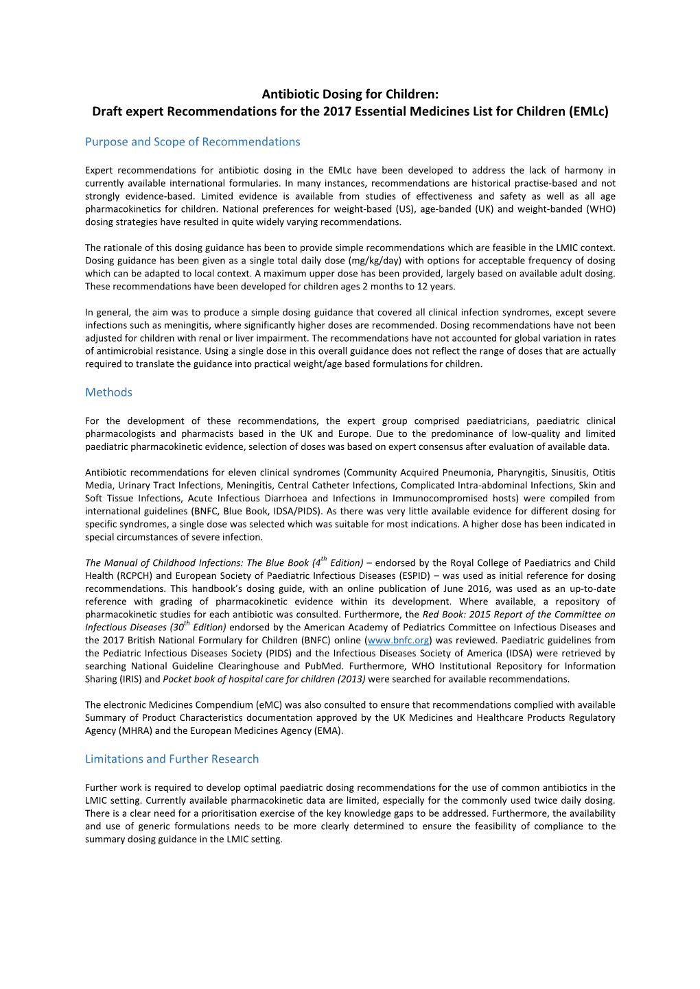 Antibiotic Dosing for Children: Draft Expert Recommendations for the 2017 Essential Medicines List for Children (Emlc)