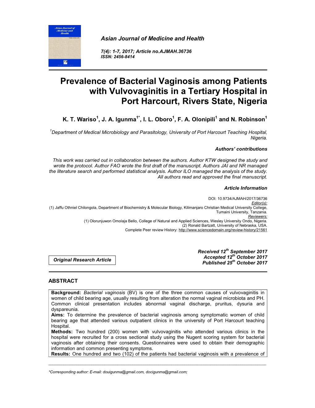 Prevalence of Bacterial Vaginosis Among Patients with Vulvovaginitis in a Tertiary Hospital in Port Harcourt, Rivers State, Nigeria