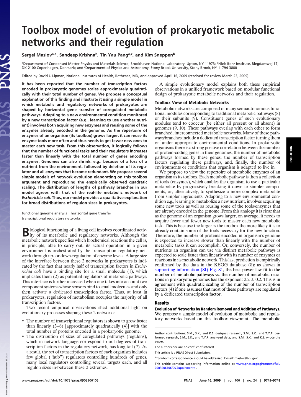 Toolbox Model of Evolution of Prokaryotic Metabolic Networks and Their Regulation