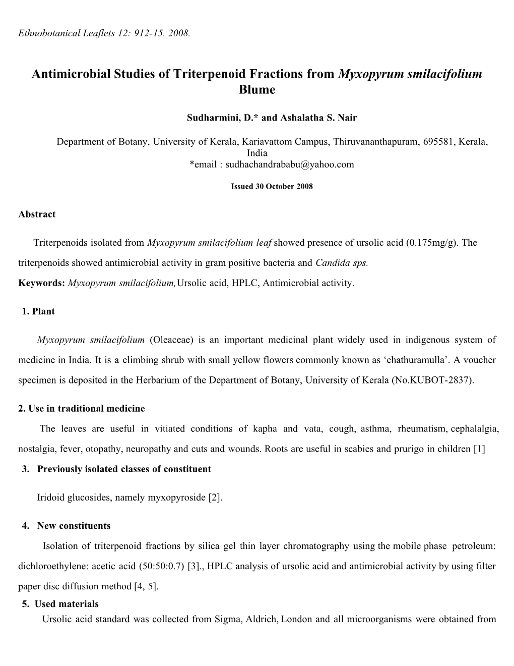 Antimicrobial Studies of Triterpenoid Fractions from Myxopyrum Smilacifolium Blume