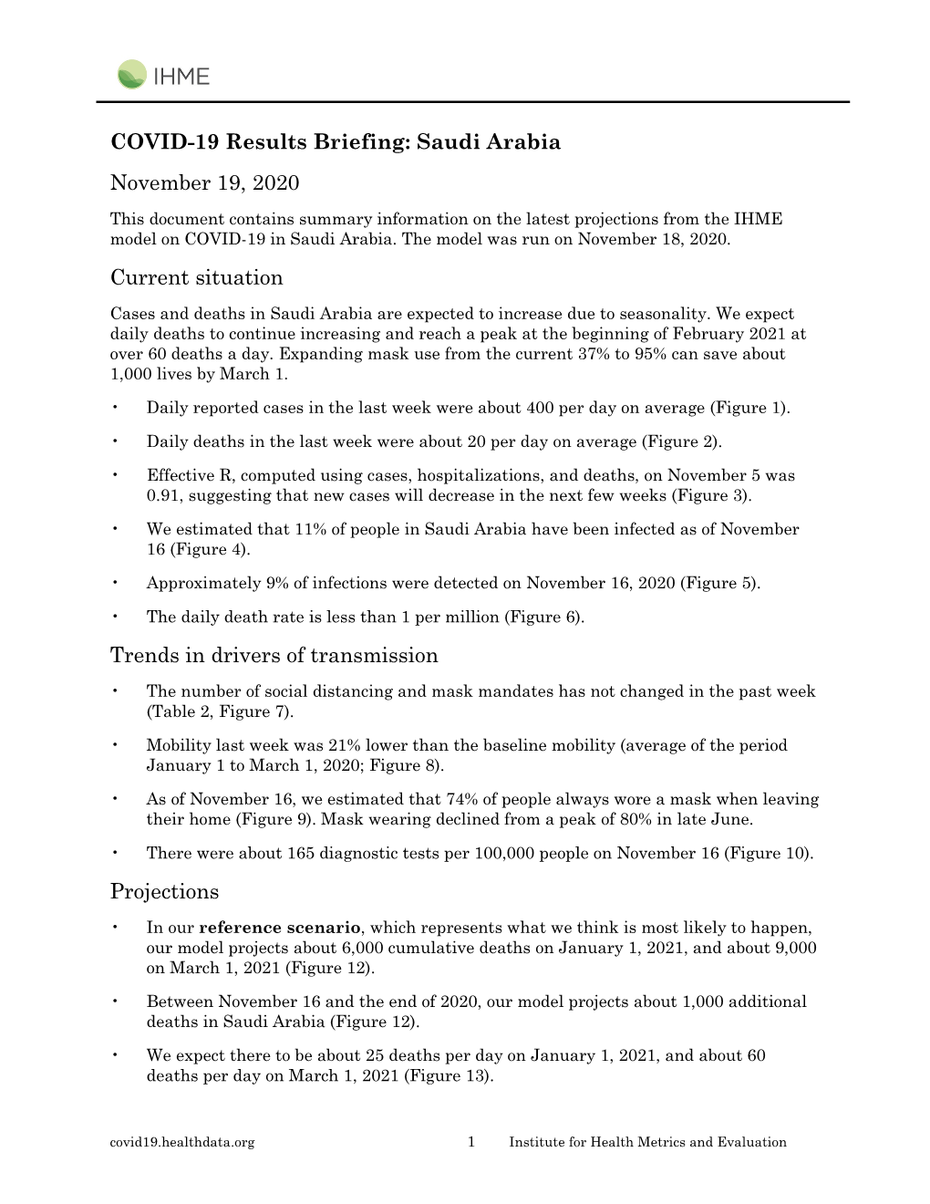 COVID-19 Results Briefing: Saudi Arabia November 19, 2020 Current Situation Trends in Drivers of Transmission Projections