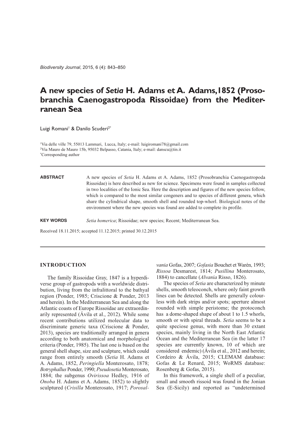 A New Species of Setia H. Adams Et A. Adams,1852 (Proso - Branchia Caenogastropoda Rissoidae) from the Mediter- Ranean Sea