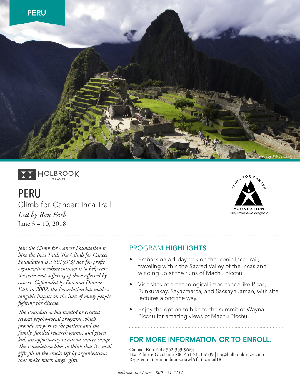 Climb for Cancer: Inca Trail Led by Ron Farb June 3 – 10, 2018