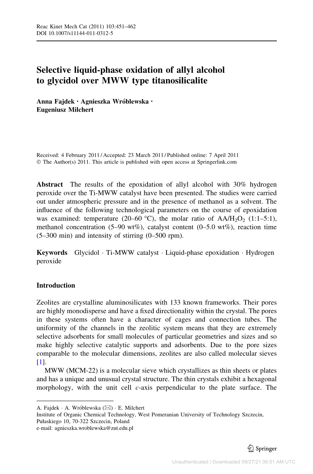 Selective Liquid-Phase Oxidation of Allyl Alcohol to Glycidol Over MWW Type Titanosilicalite