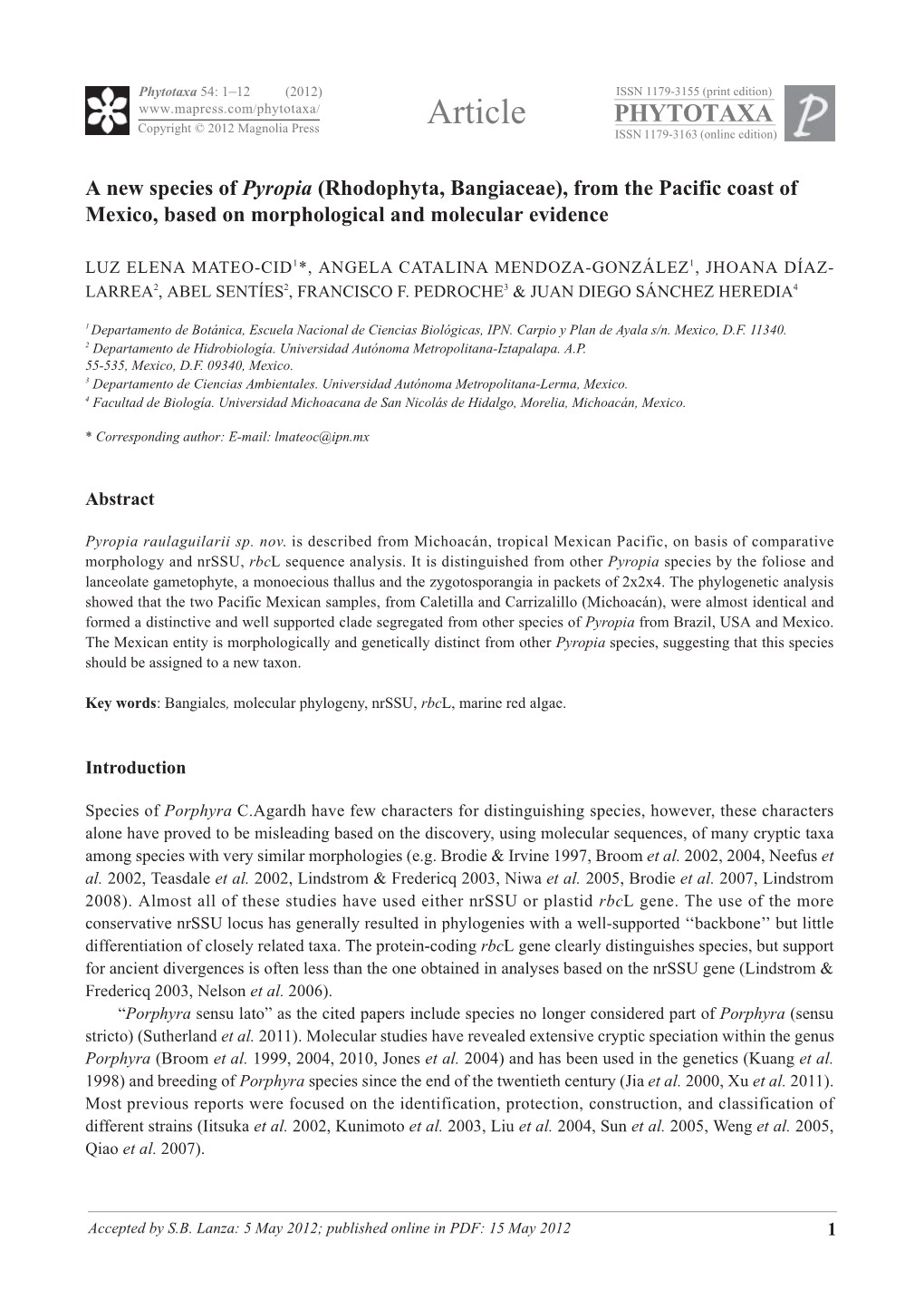 Article PHYTOTAXA Copyright © 2012 Magnolia Press ISSN 1179-3163 (Online Edition)