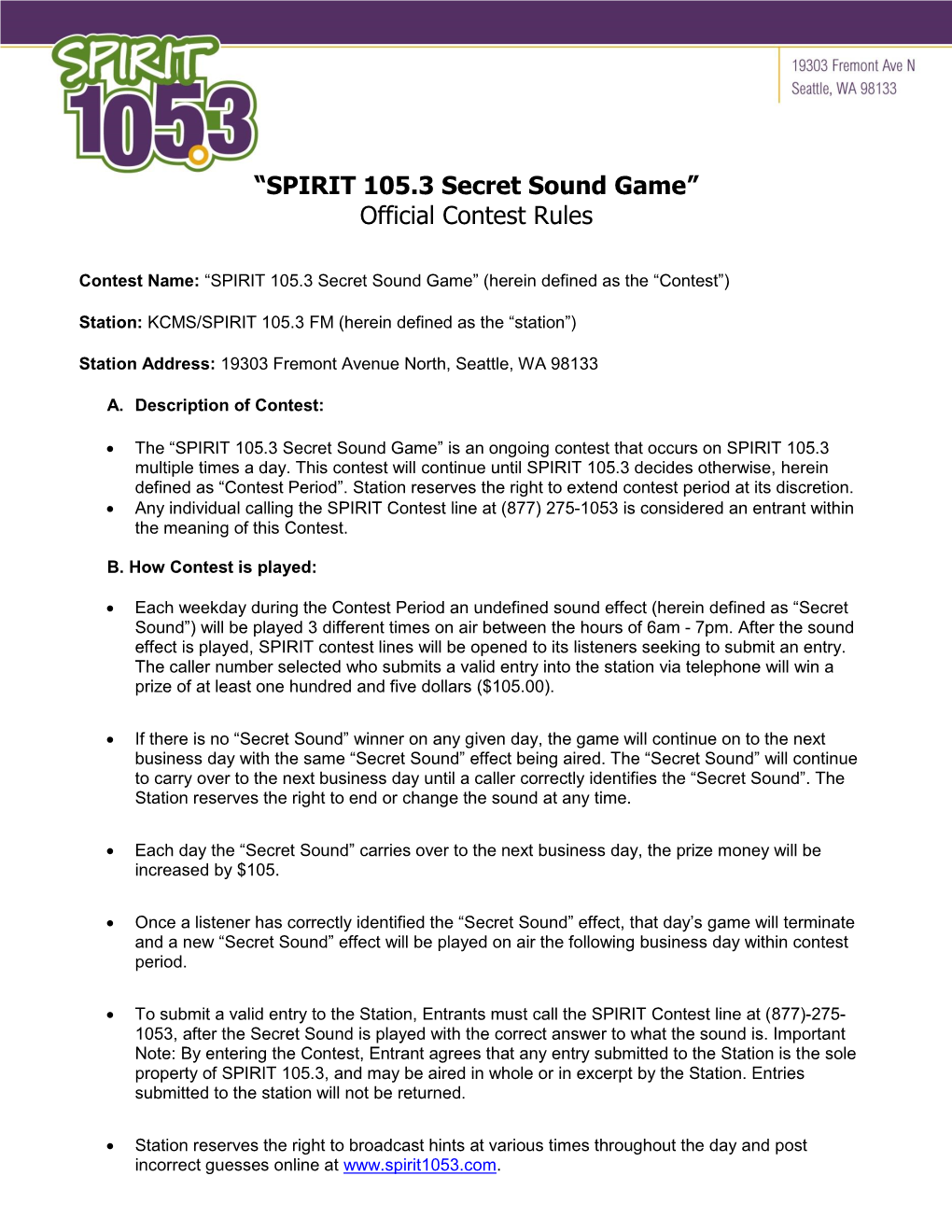 “SPIRIT 105.3 Secret Sound Game״ Official Contest Rules