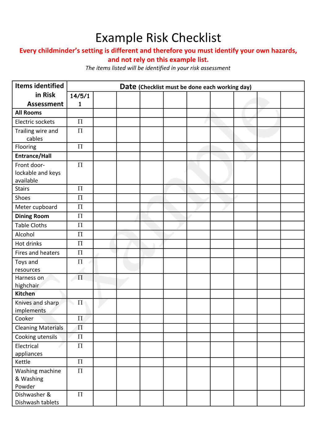 Date (Checklist Must Be Done Each Working Day)