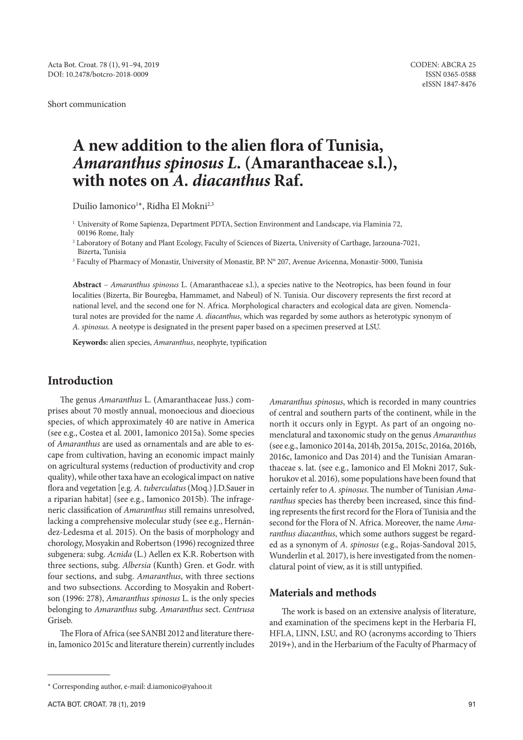 A New Addition to the Alien Flora of Tunisia, Amaranthus Spinosus L. (Amaranthaceae S.L.), with Notes on A