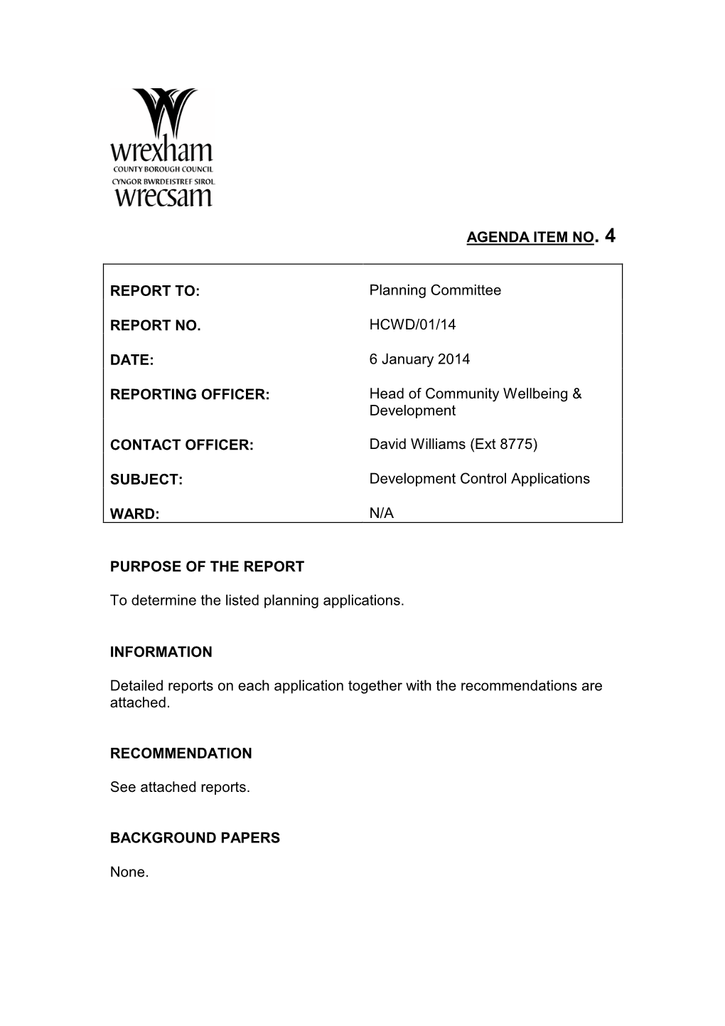 Planning Committee REPORT NO. HCWD/01/14 DATE