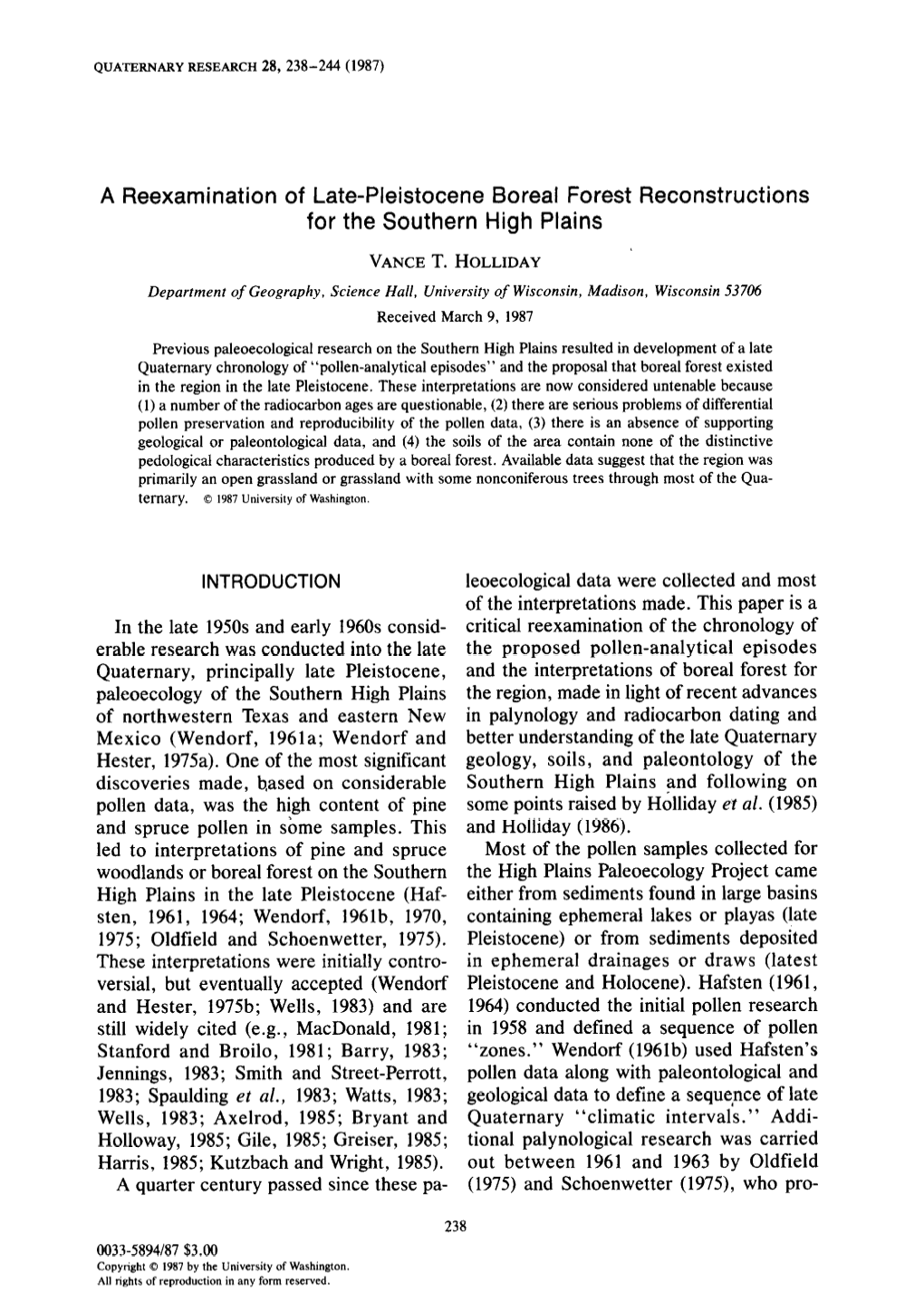 A Reexamination of Late-Pleistocene Boreal Forest Reconstructions for the Southern High Plains