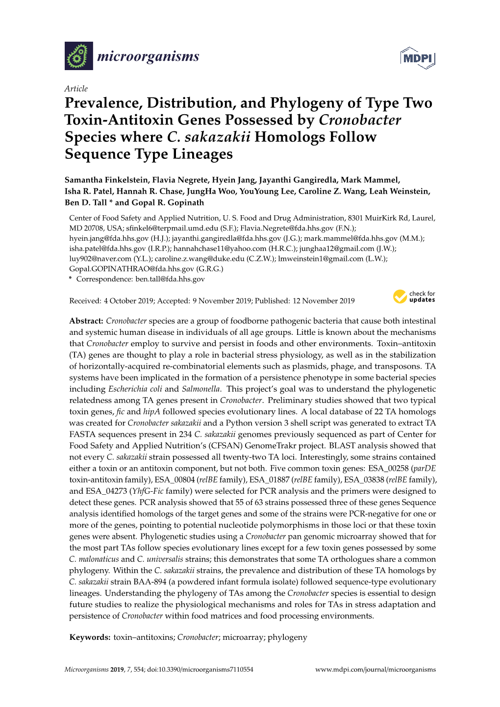 Prevalence, Distribution, and Phylogeny of Type Two Toxin-Antitoxin Genes Possessed by Cronobacter Species Where C. Sakazakii Homologs Follow Sequence Type Lineages
