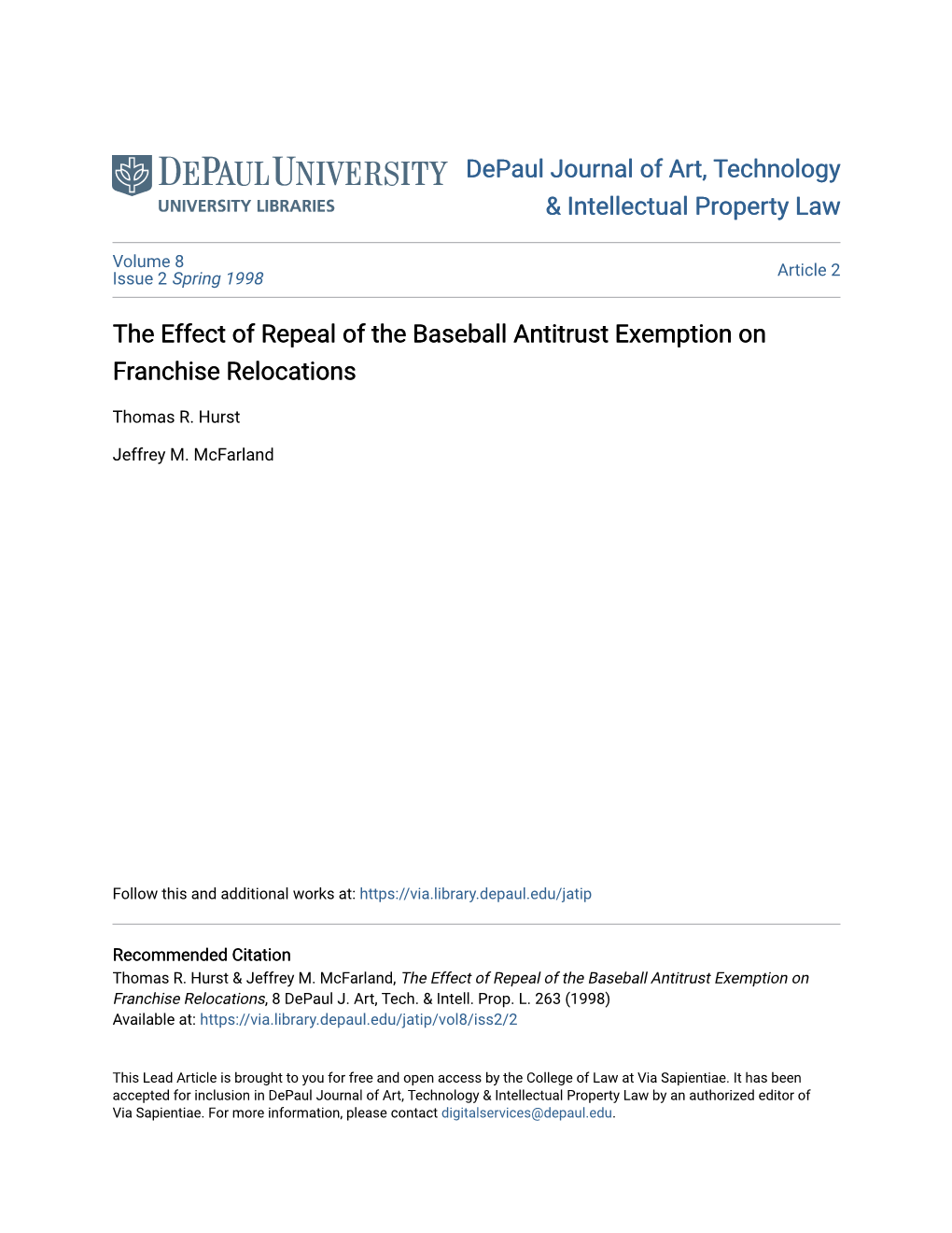 The Effect of Repeal of the Baseball Antitrust Exemption on Franchise Relocations