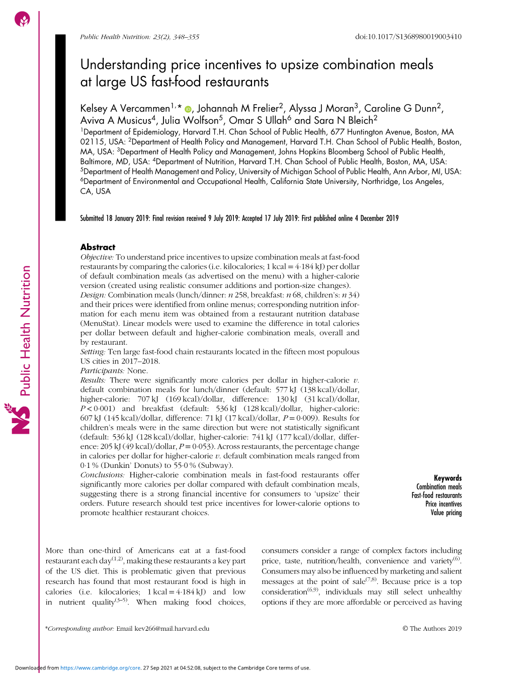 Understanding Price Incentives to Upsize Combination Meals at Large US Fast-Food Restaurants