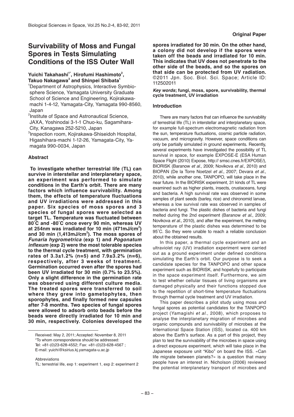 Survivability of Moss and Fungal Spores in Tests Simulating