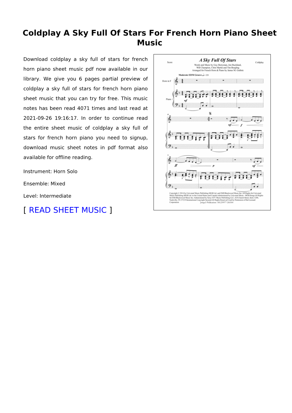 Coldplay a Sky Full of Stars for French Horn Piano Sheet Music