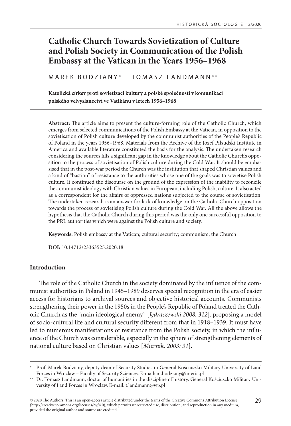 Catholic Church Towards Sovietization of Culture and Polish Society in Communication of the Polish Embassy at the Vatican in the Years 1956–1968