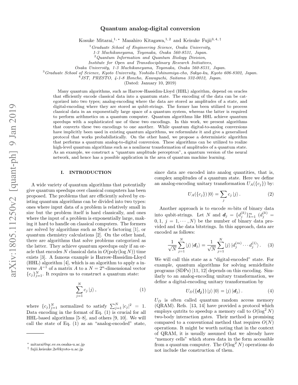 Arxiv:1805.11250V2 [Quant-Ph] 9 Jan 2019 J=1 Ilarly to an Analog-Encoding Unitary Transformation, We