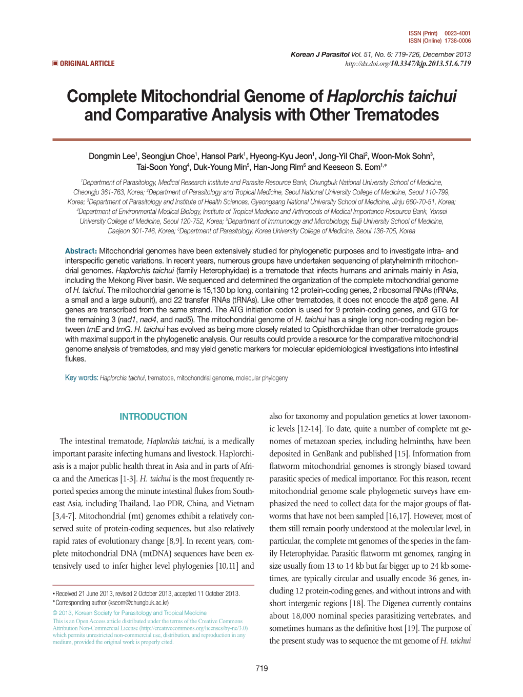 Complete Mitochondrial Genome of Haplorchis Taichui and Comparative Analysis with Other Trematodes