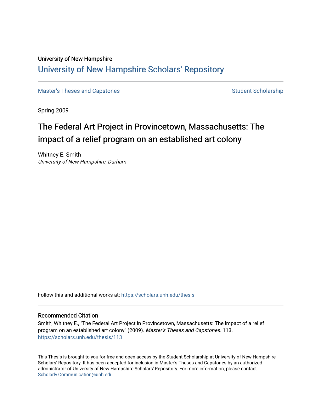 The Federal Art Project in Provincetown, Massachusetts: the Impact of a Relief Program on an Established Art Colony