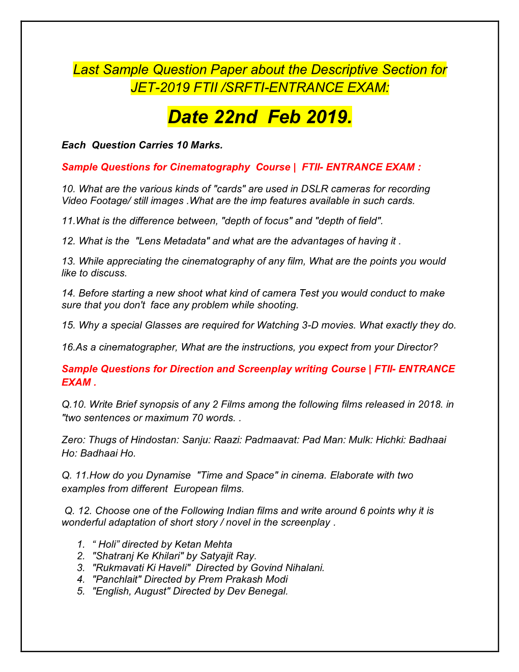 2019- Ftii-Srfti -Entrance Exam