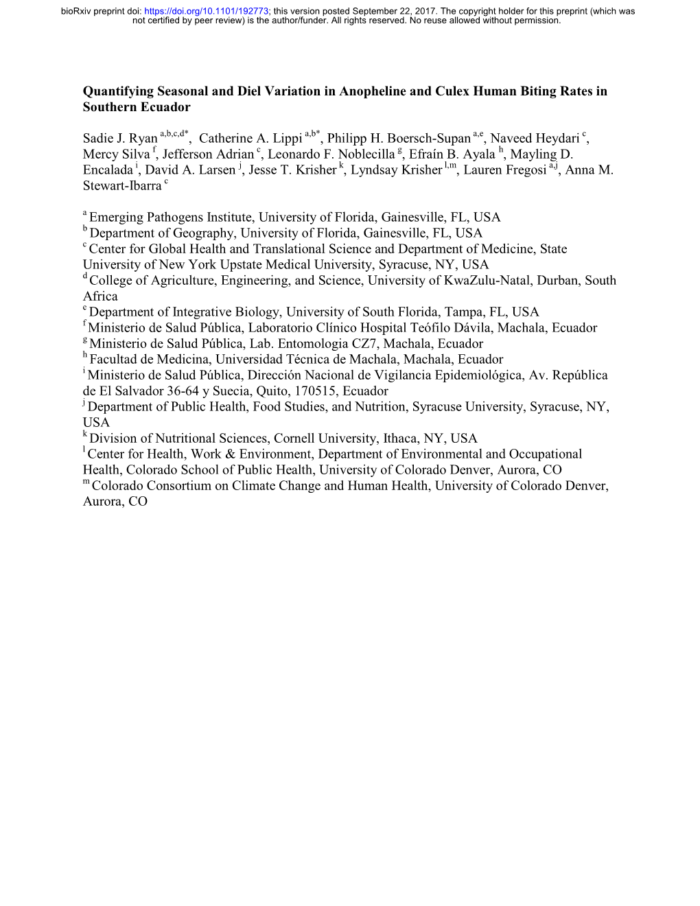 Quantifying Seasonal and Diel Variation in Anopheline and Culex Human Biting Rates in Southern Ecuador