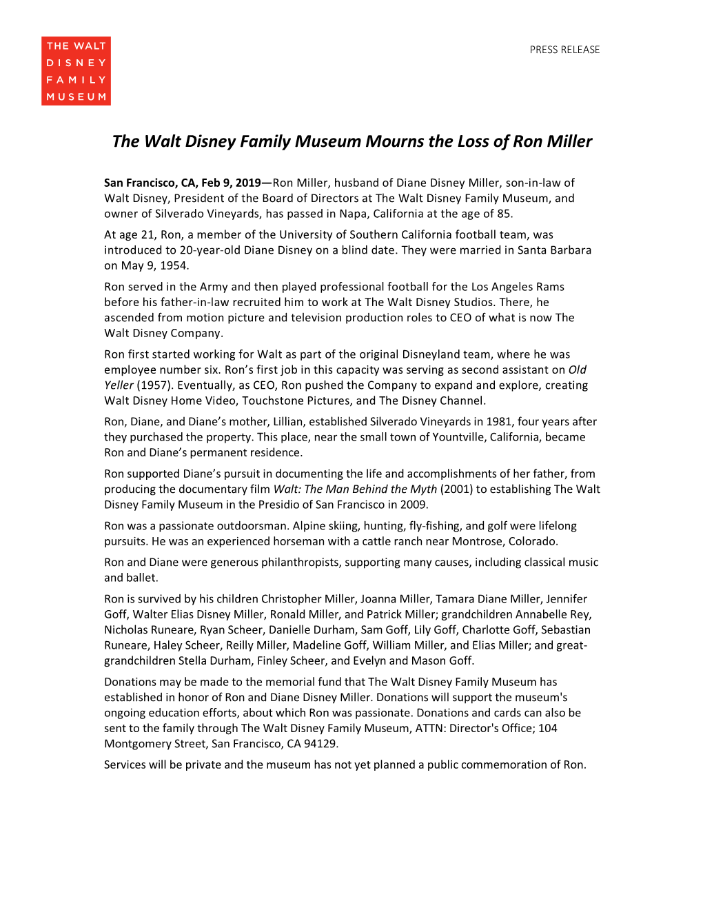 The Walt Disney Family Museum Mourns the Loss of Ron Miller