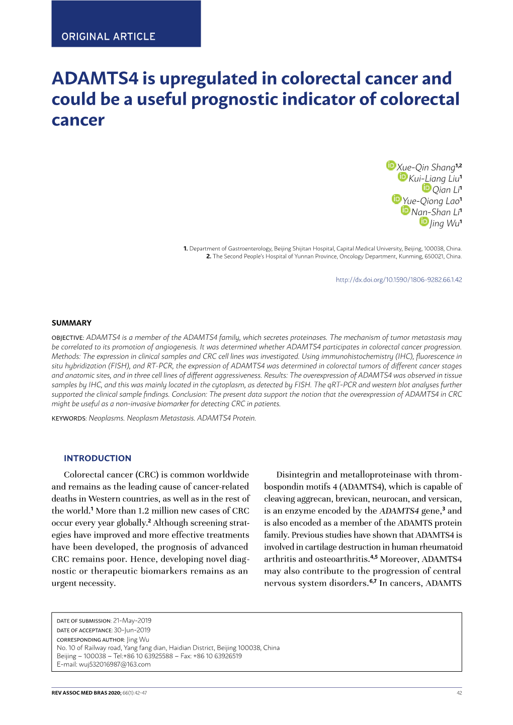 ADAMTS4 Is Upregulated in Colorectal Cancer and Could Be a Useful Prognostic Indicator of Colorectal Cancer